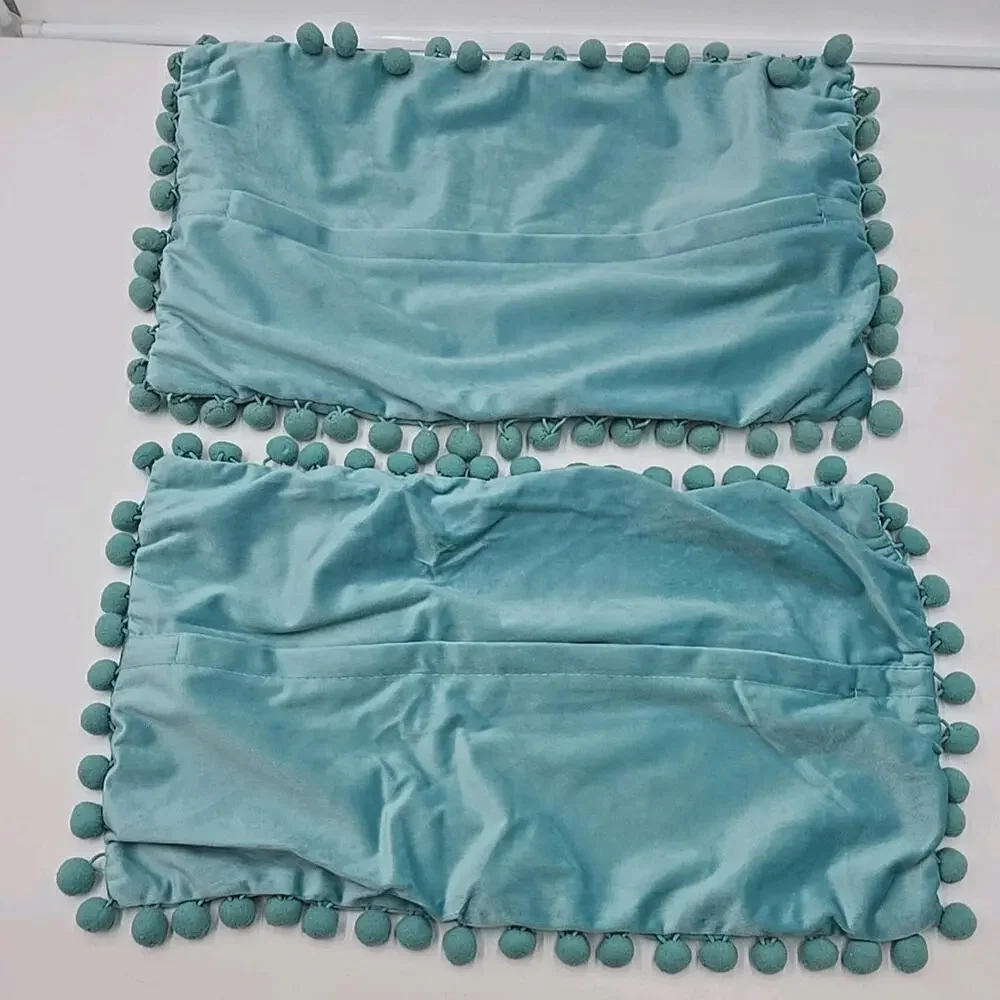 2 Velvet Throw Pillow Covers Mint Green‎ Pompom 70's Pillowcases 12x20
